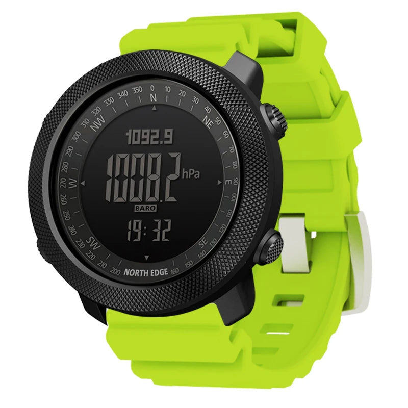Black digital sports watch with a neon green silicone strap.
