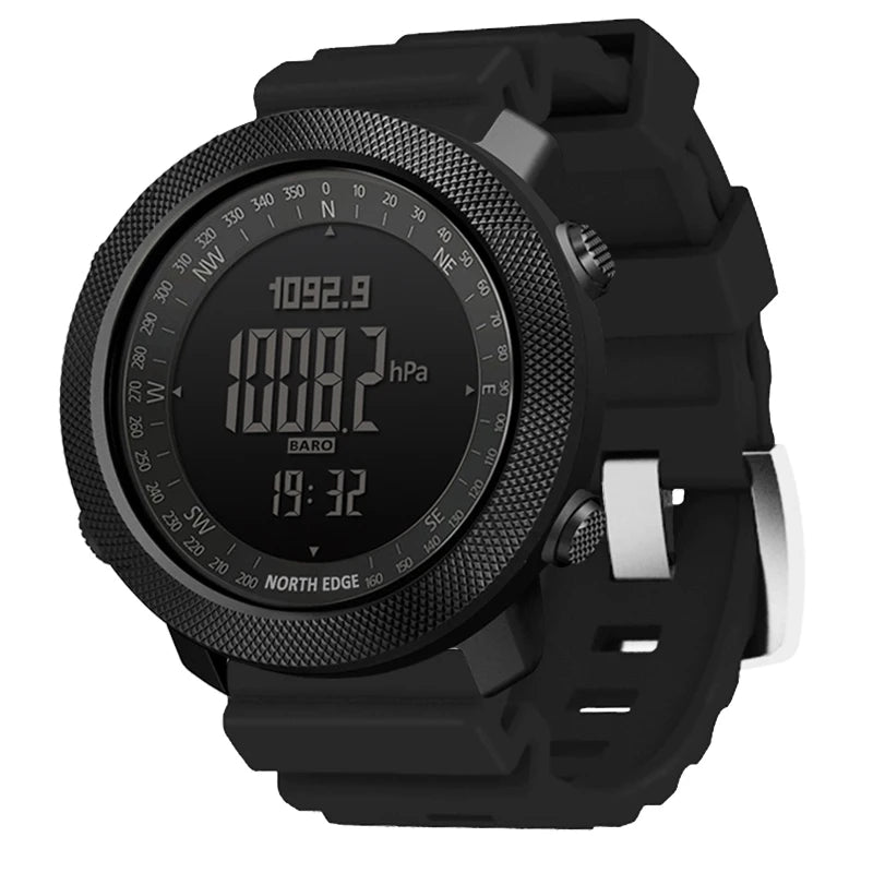 Menβs black digital sports watch with barometer and compass.