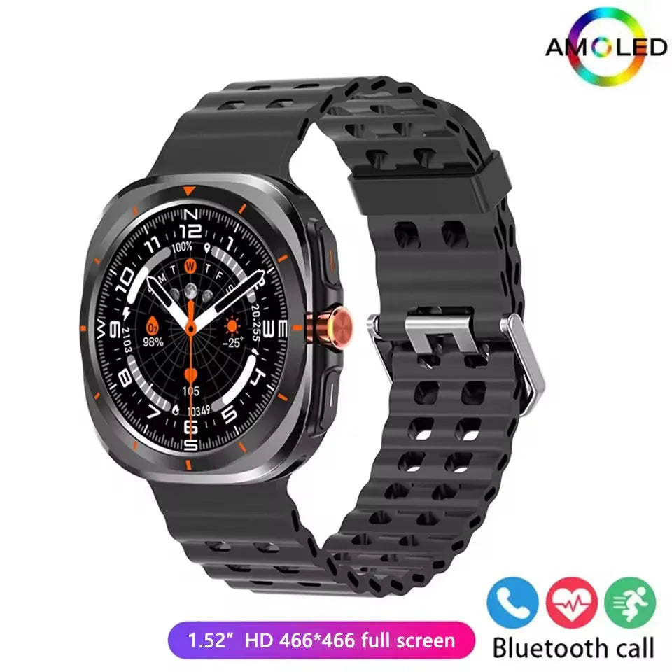 Black smartwatch with a square face, an orange crown, and a textured silicone strap.
