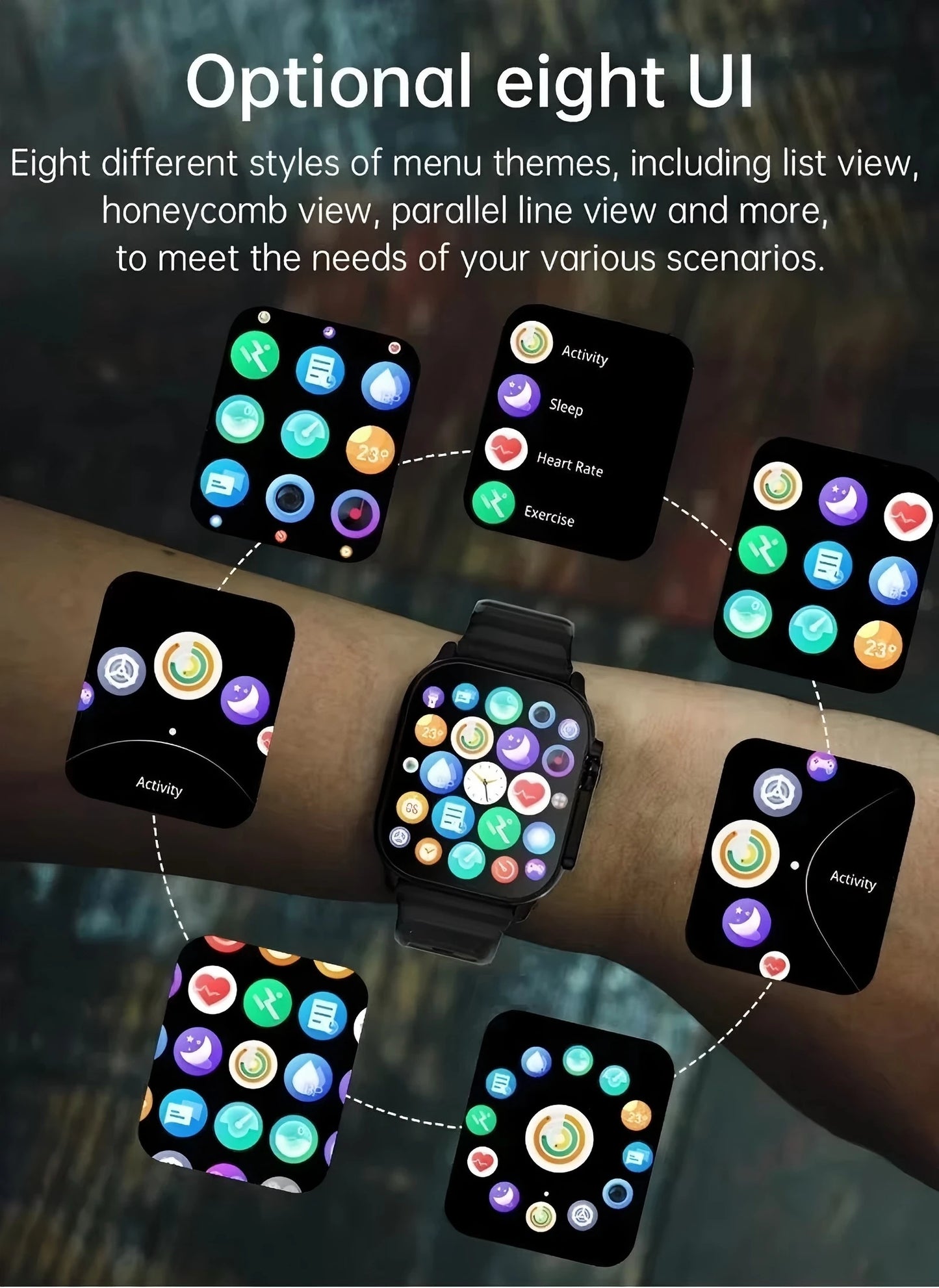 Black smartwatch with customizable user interfaces.