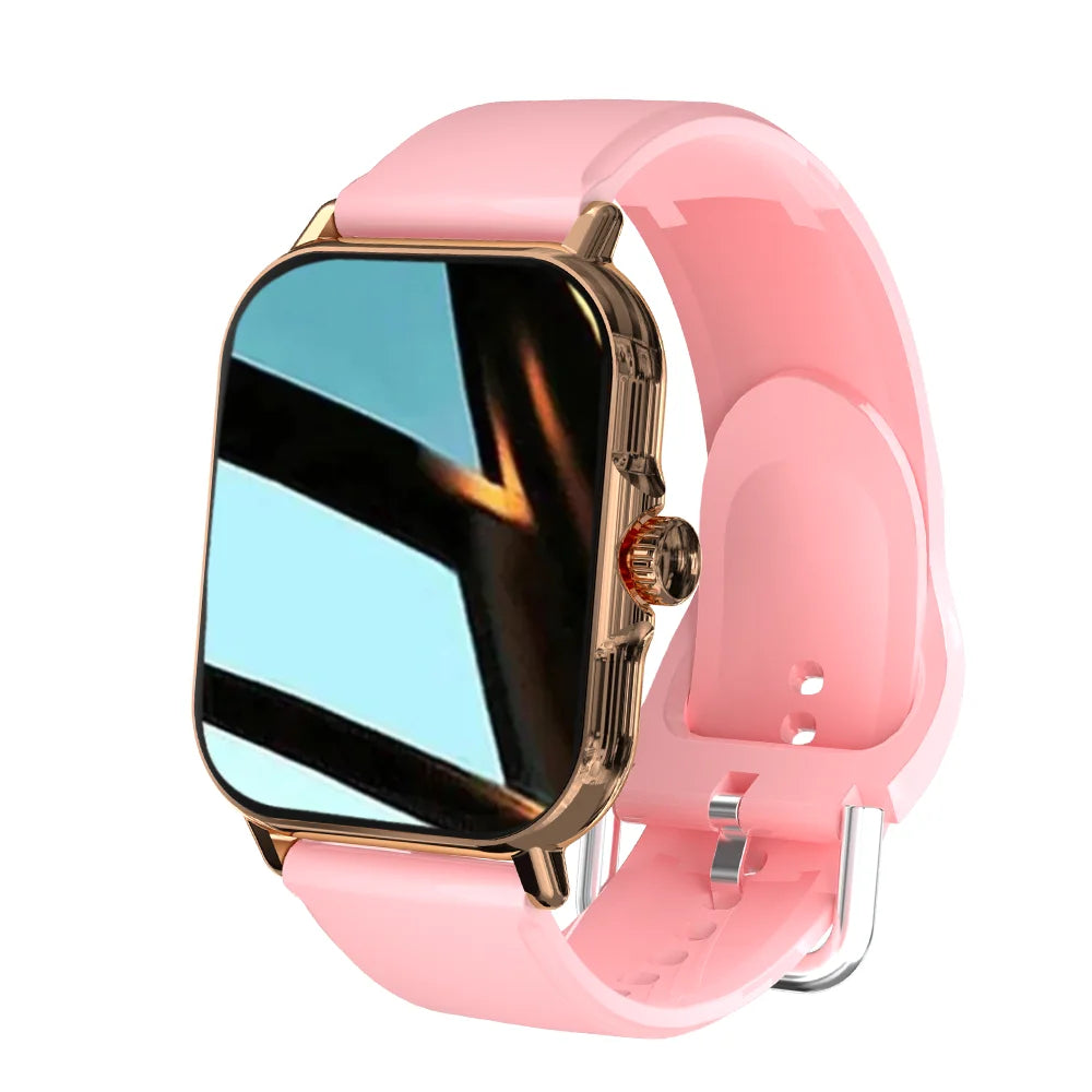 A pink smart watch with a gold-toned square frame and a reflective blue-tinted screen.