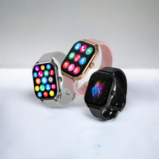 Three square-faced smartwatches with silicone straps in silver, rose gold, and black.