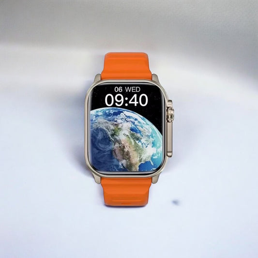 Silver-cased smartwatch with an orange band and an Earth wallpaper.