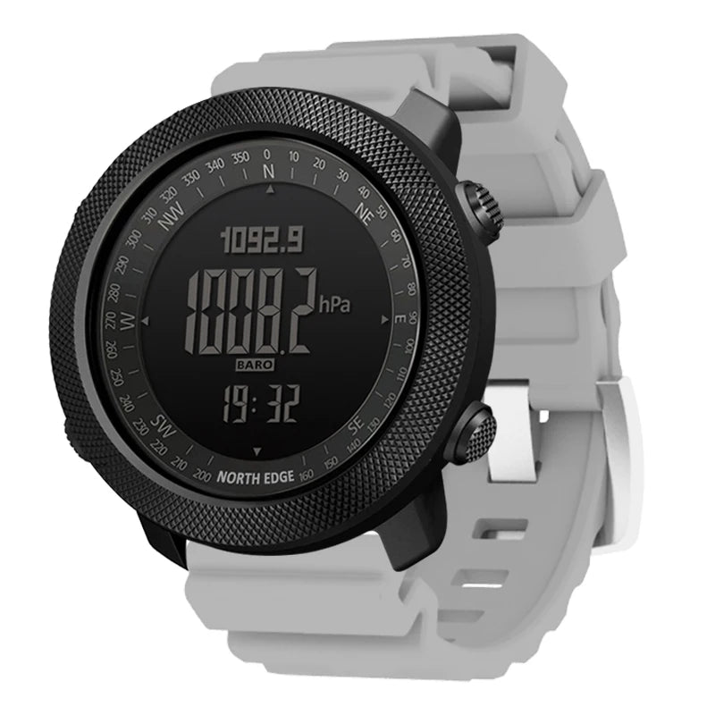 Digital outdoor watch with a black face and a light gray strap.