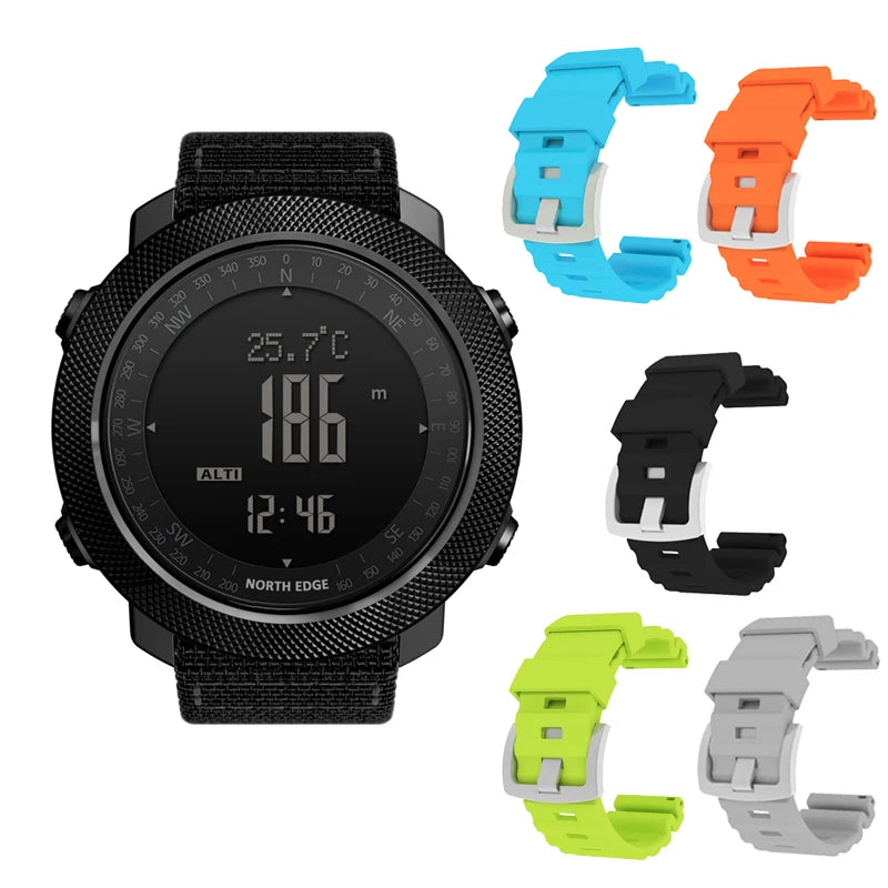 Black digital outdoor watch with interchangeable colorful straps.
