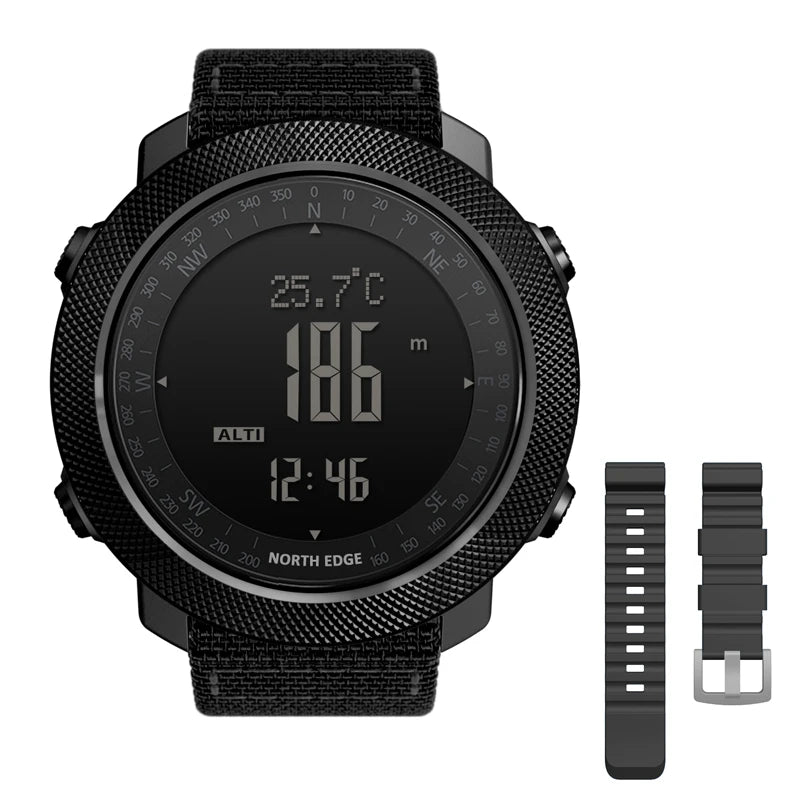 Black digital outdoor watch with textile and silicone straps.
