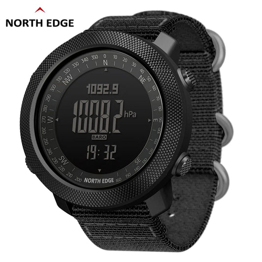 Black digital outdoor watch with a textured bezel and fabric strap.