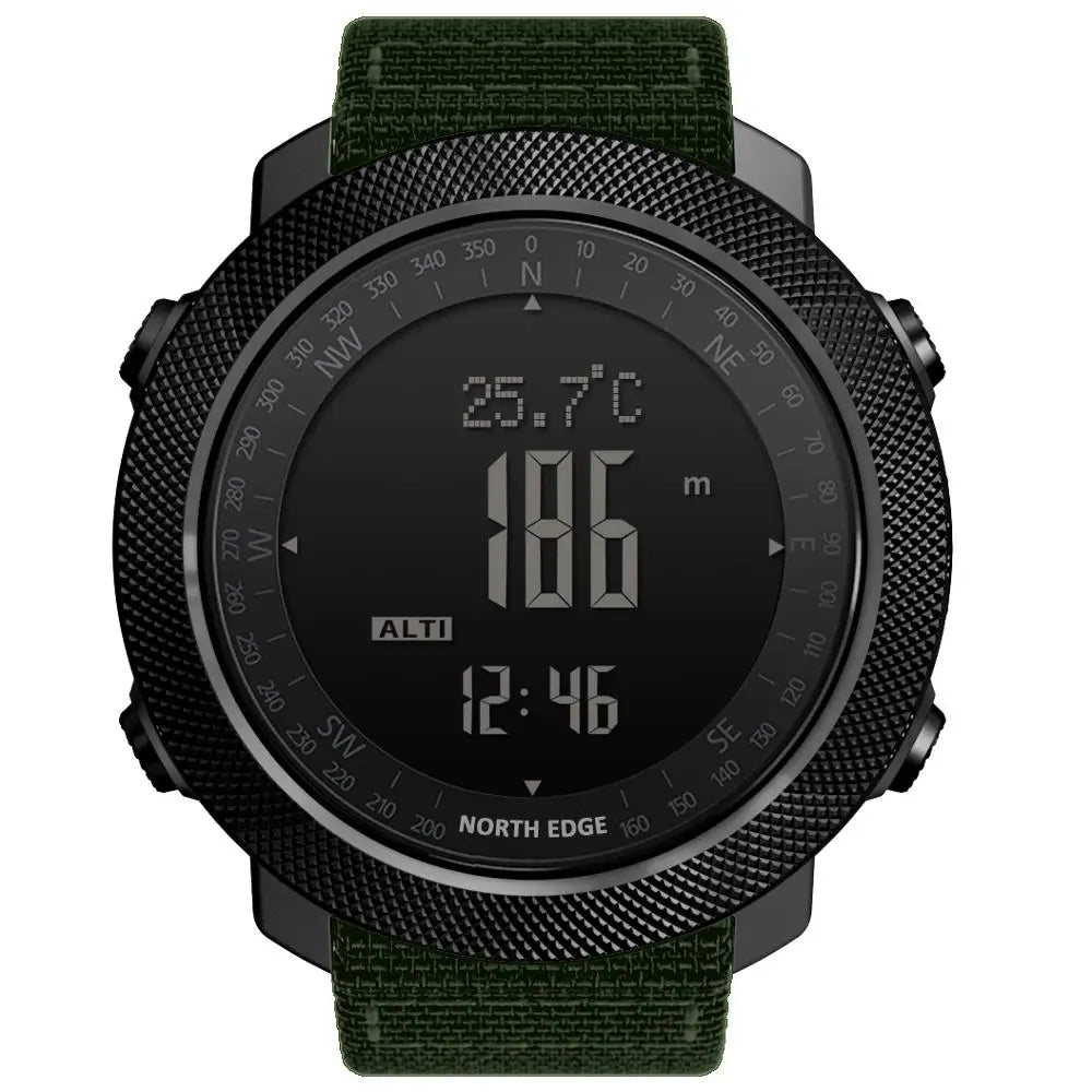 Black digital outdoor watch with a dark green fabric strap.