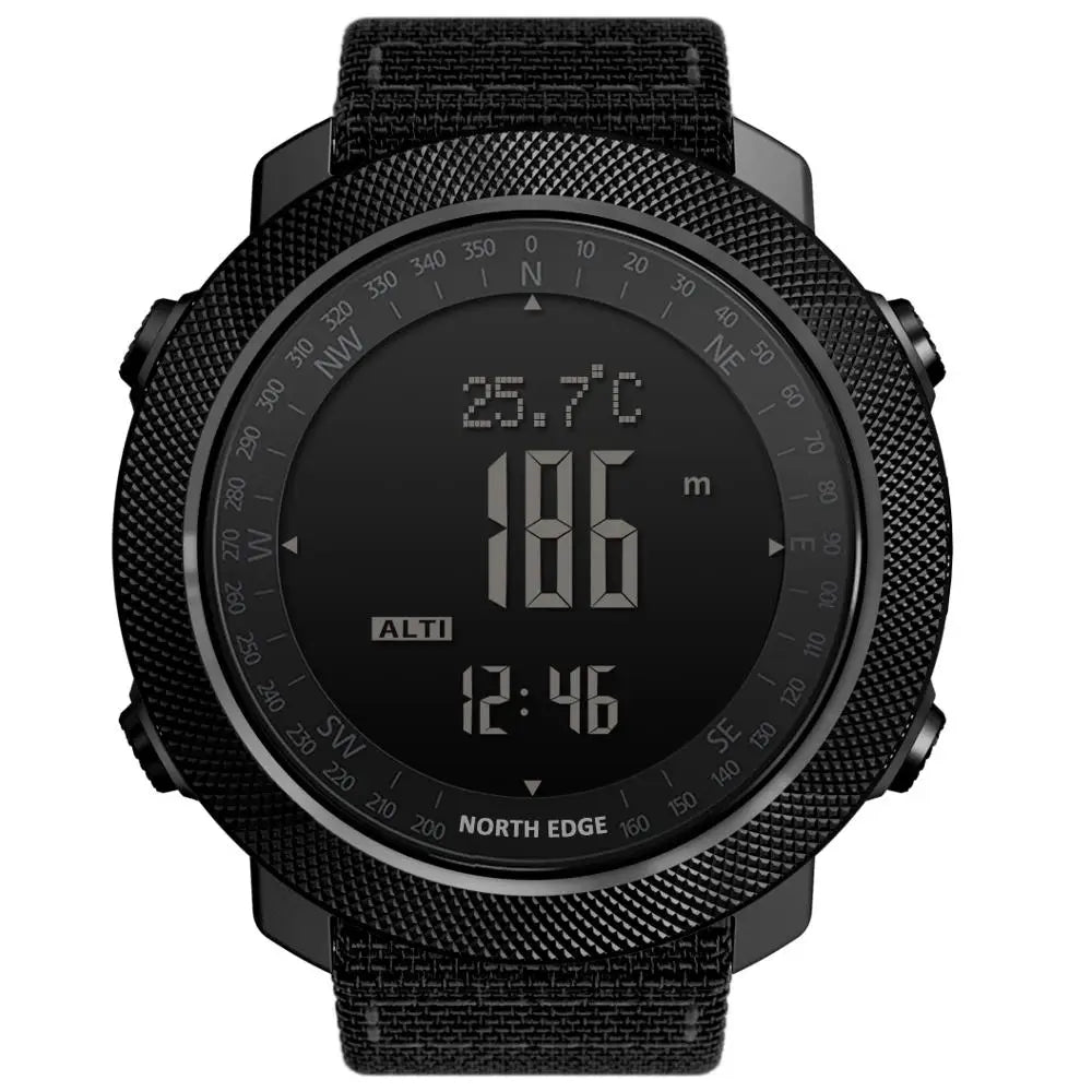 Black digital sports watch with altimeter, thermometer, and compass.
