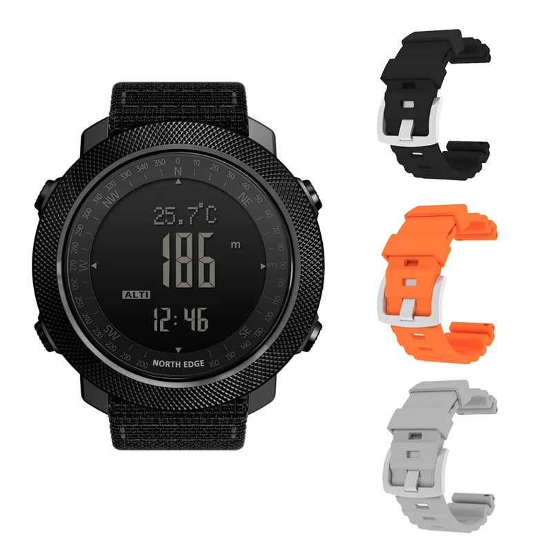 A black digital sports watch with three interchangeable silicone watch bands (black, orange, and grey).