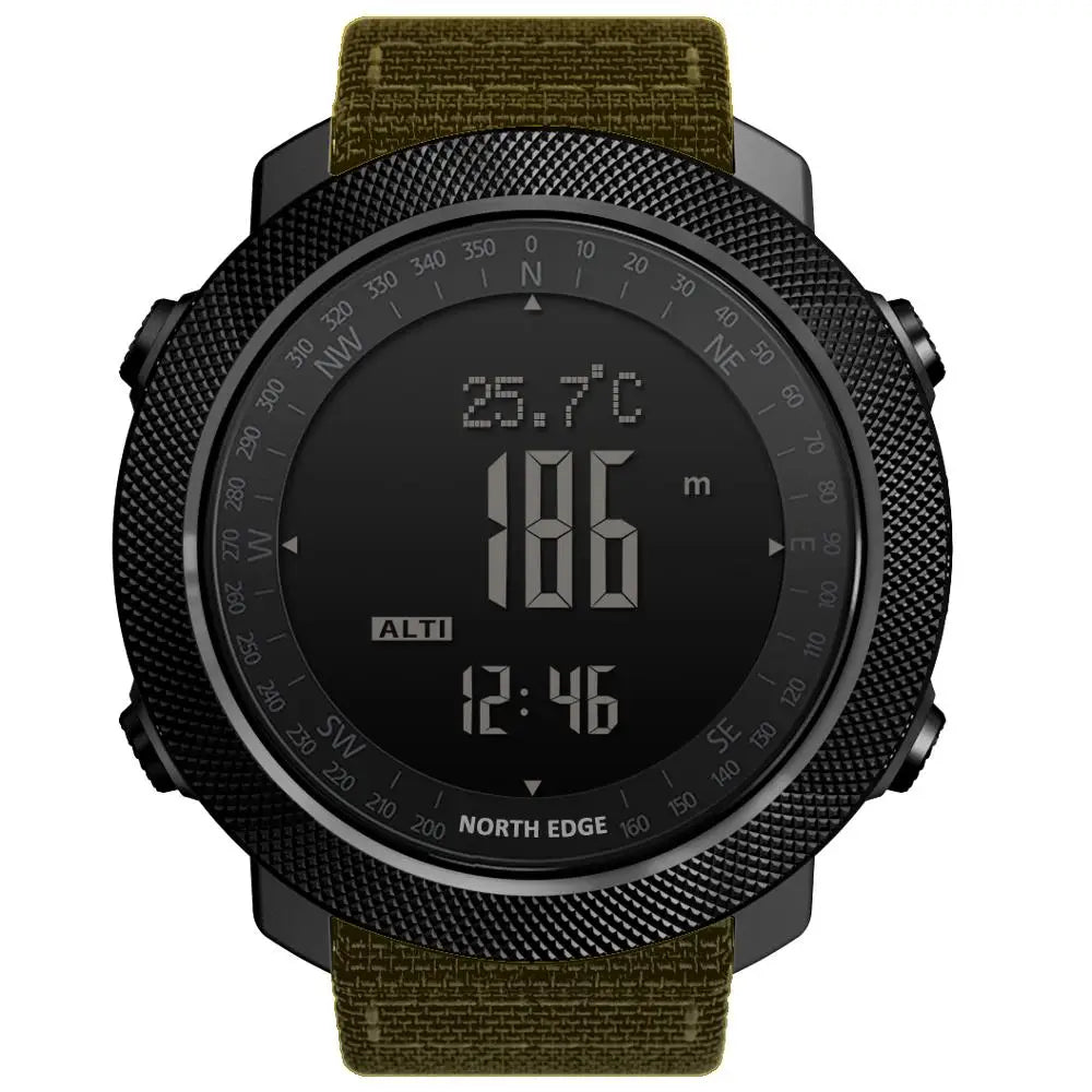 Black digital sports watch with an olive green canvas strap.