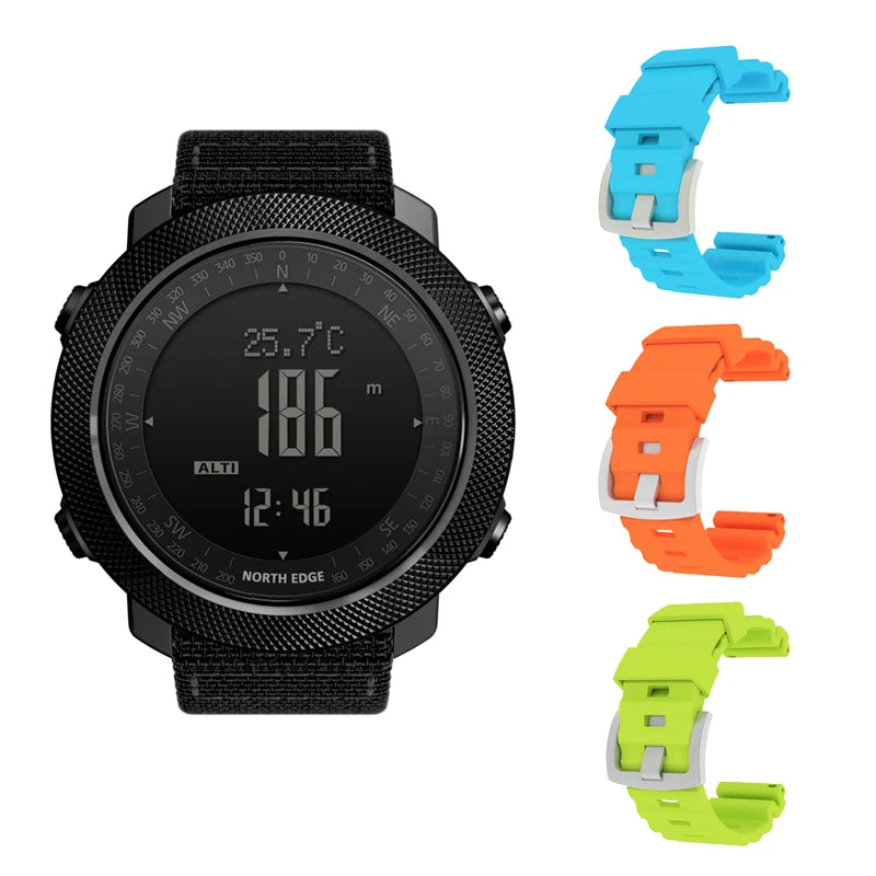 Black digital sports watch with interchangeable colored straps