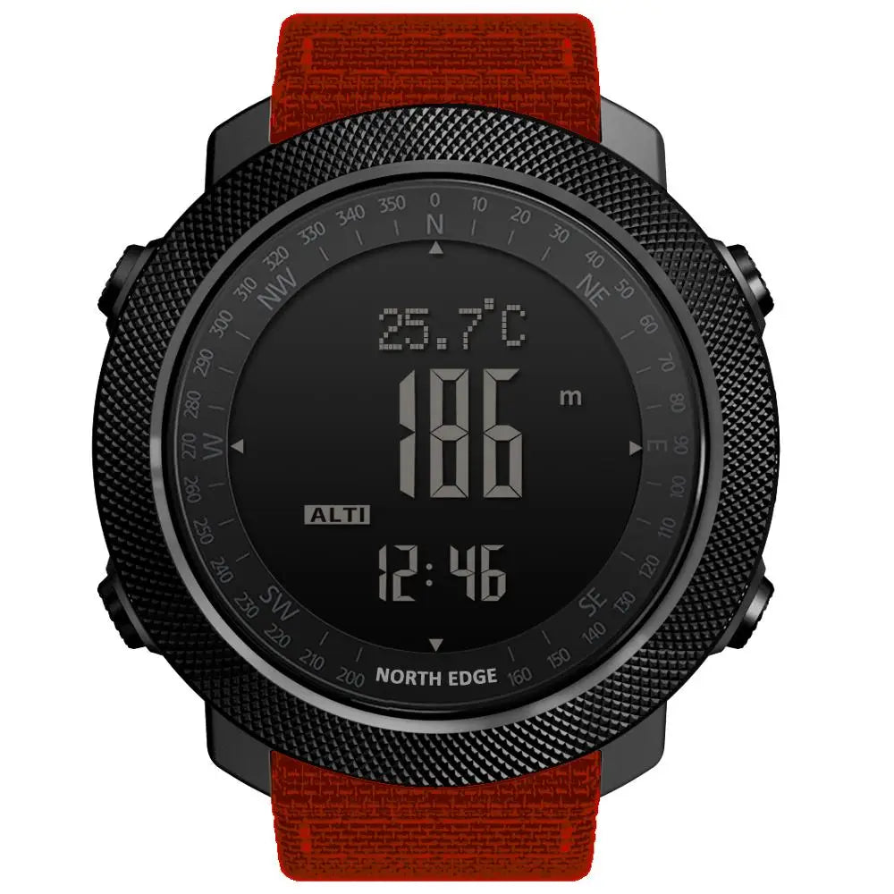 Black digital sports watch with a red fabric strap, displaying temperature, altitude, and time.