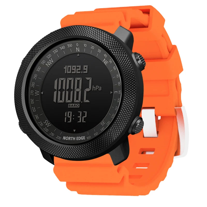 An orange digital sports watch with a black textured bezel.