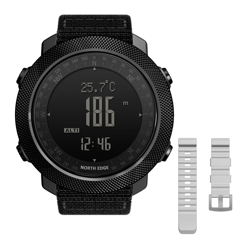 Black digital outdoor watch with two interchangeable light-colored straps.
