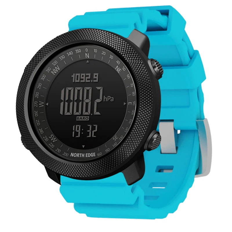 A black digital sports watch with a bright blue silicone band.