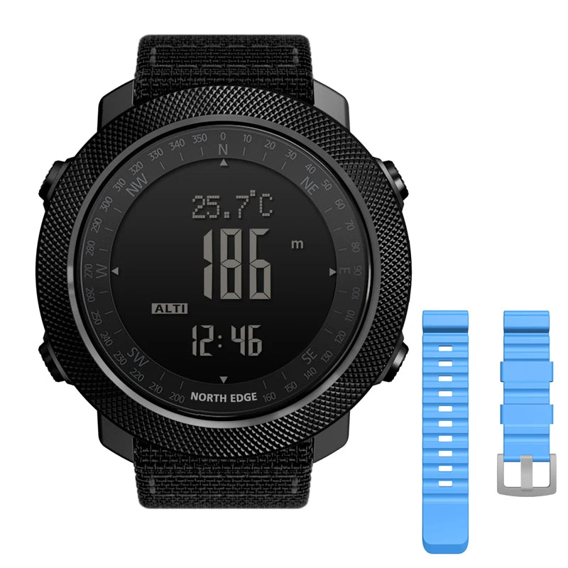 Black digital outdoor watch with an extra blue silicone strap.