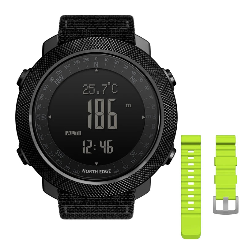 Black digital sports watch with altimeter and temperature display, includes an extra set of neon green silicone straps.