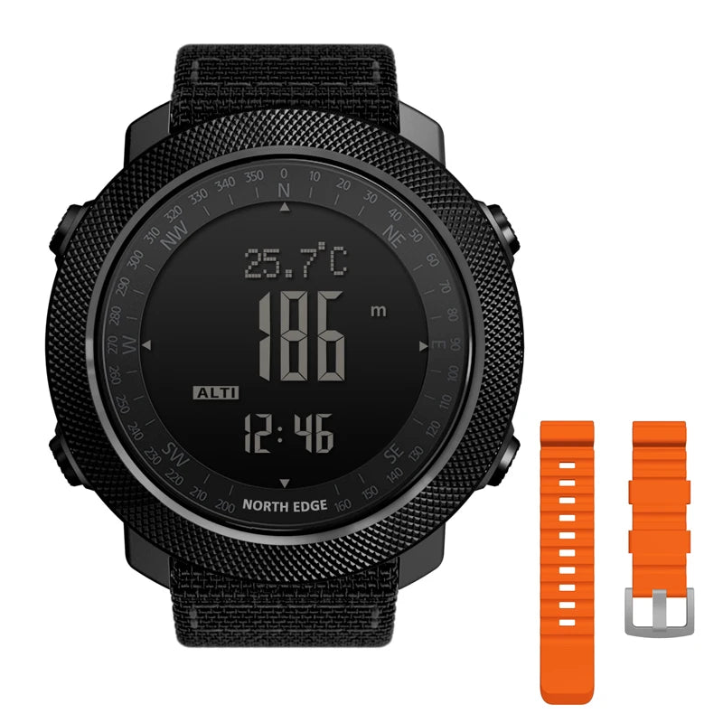 Black digital outdoor watch with an extra orange silicone strap.