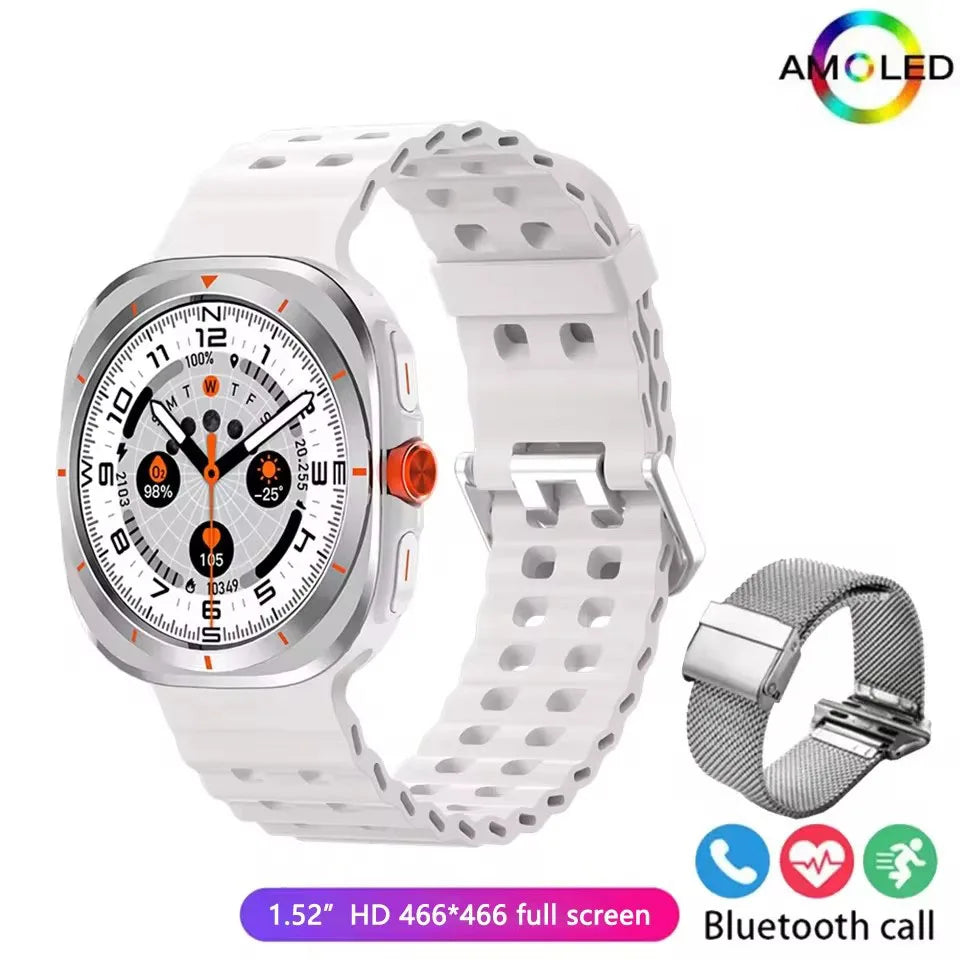 A white smartwatch with a silver casing, a silicone strap, and an additional silver mesh strap, featuring a colorful AMOLED display and Bluetooth call functionality.