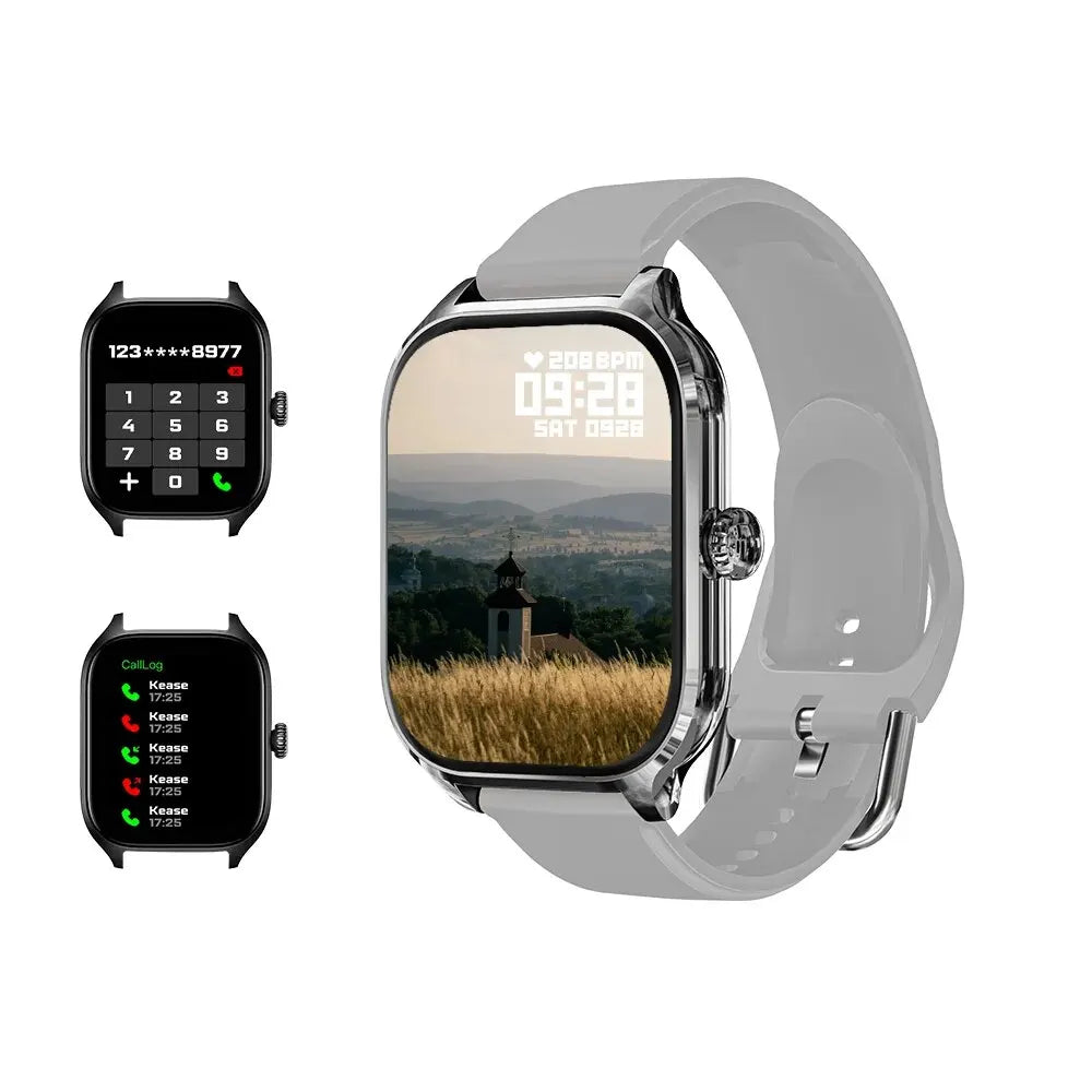 A silver-framed smartwatch with a light gray silicone band, displaying a landscape with a building, and two smaller inset images of its phone dialer and call log features.