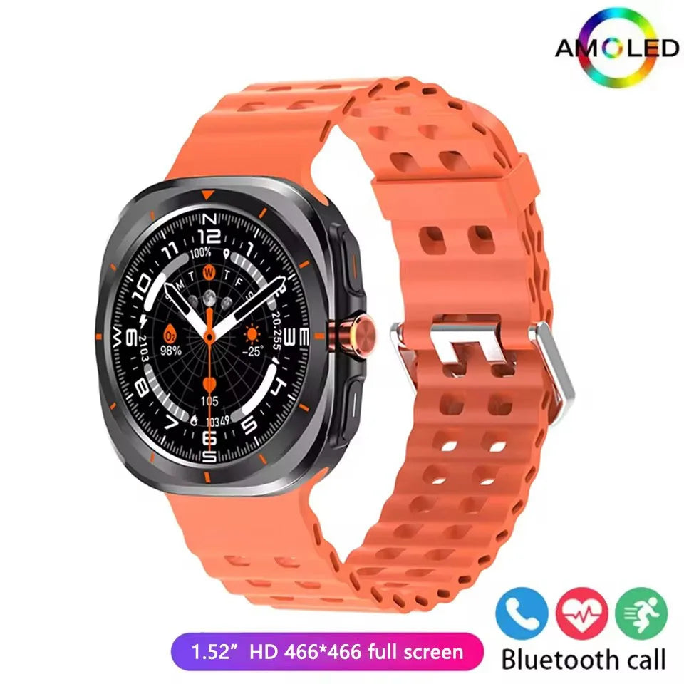 Orange-banded smartwatch with a dark gray square face.
