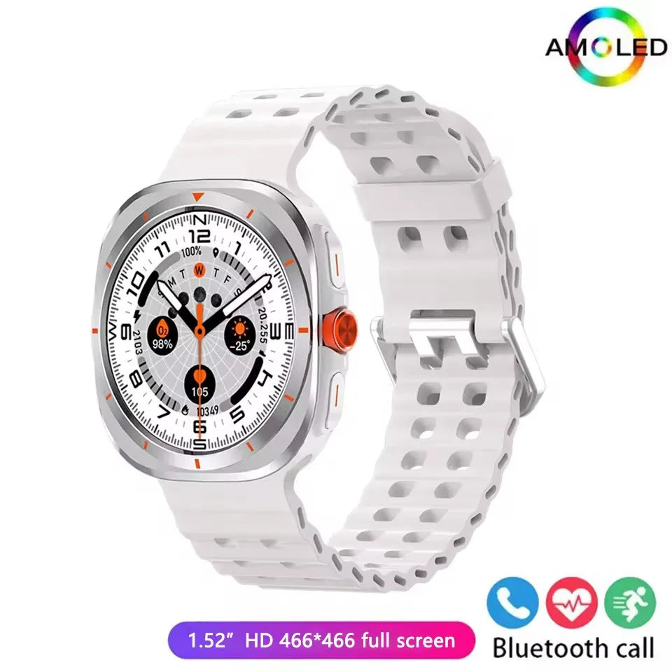 White smartwatch with a silver casing and orange accents.