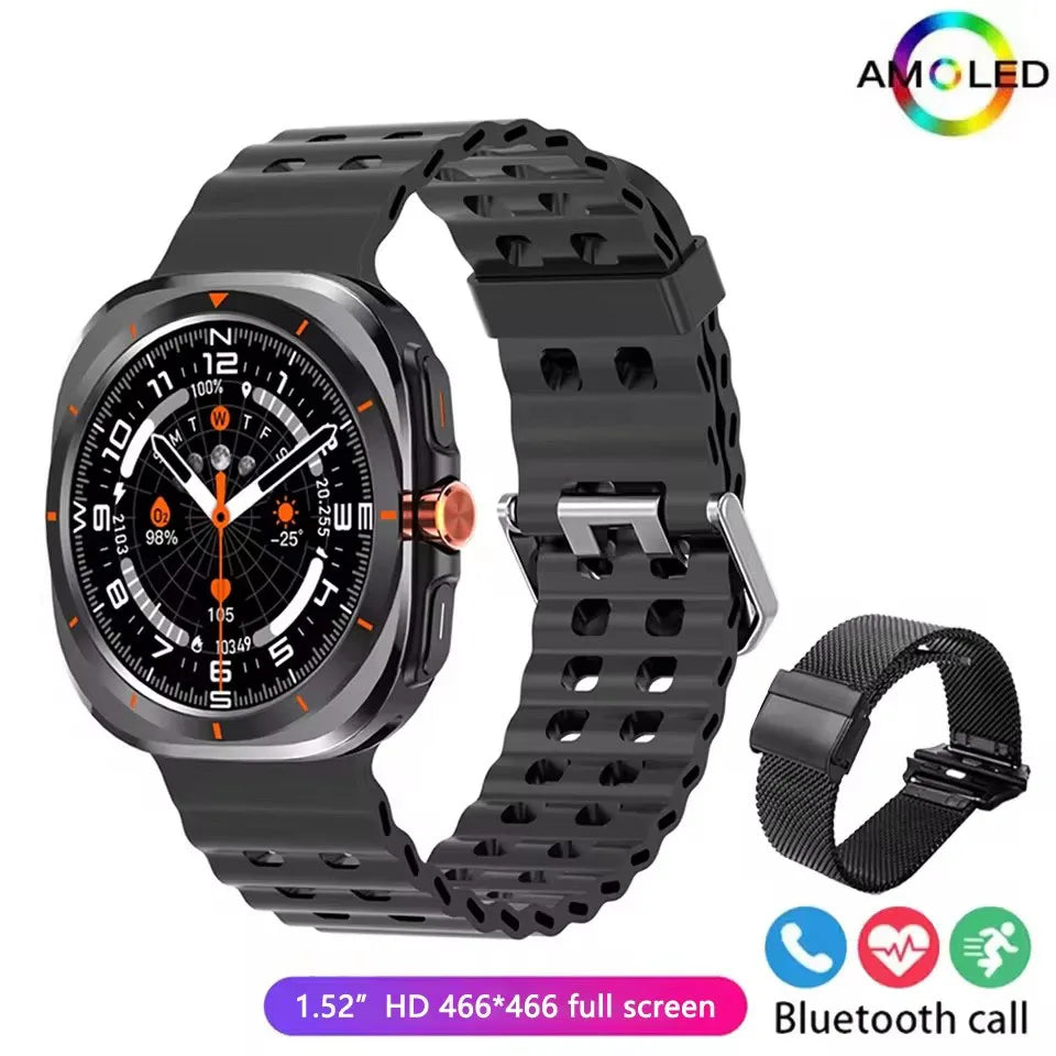 Black square-faced smartwatch with a black ridged silicone strap and an additional black mesh metal strap.