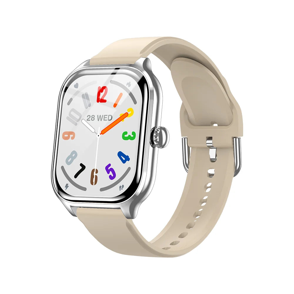 A beige smart watch with a silver rectangular case and a colorful analog-style display.