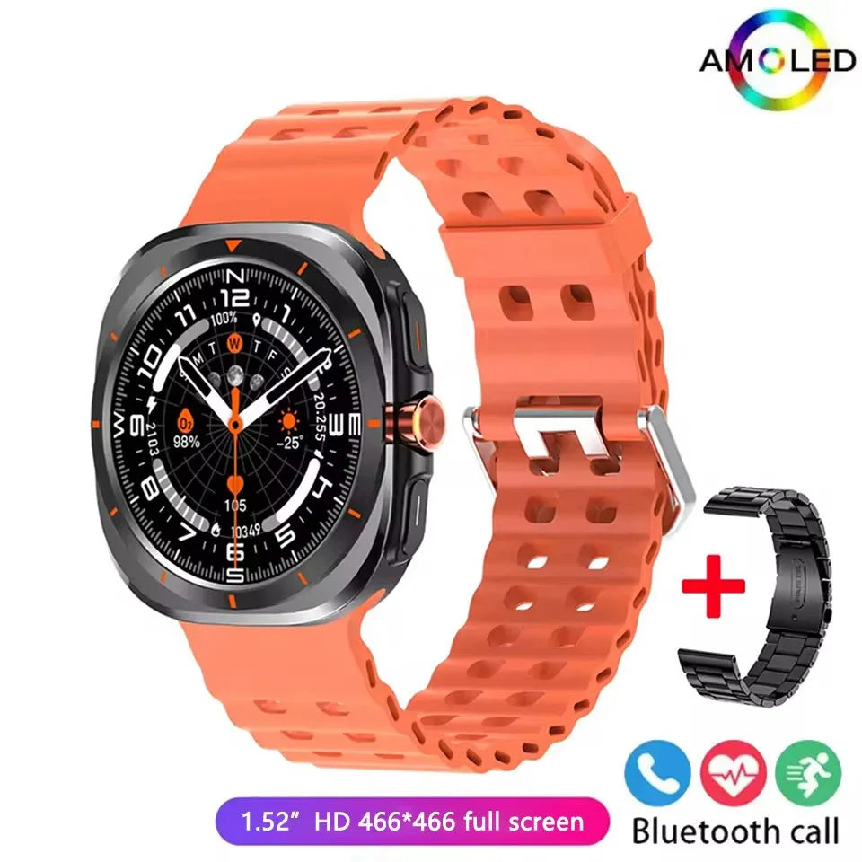 An orange smartwatch with a black and silver square-shaped face, featuring a digital display and an additional black metal strap.