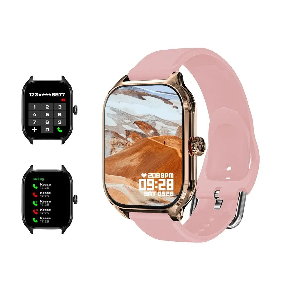 Pink-strapped smartwatch with a rose gold frame and multiple screen display options.