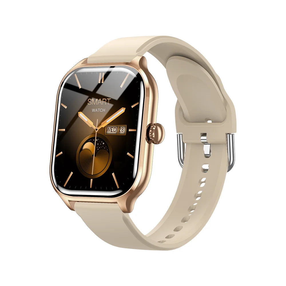 Gold-framed smartwatch with a beige silicone band and a black and gold display.