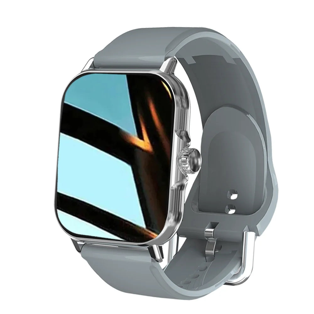 Silver-framed smartwatch with a light blue reflective screen and a grey silicone strap.