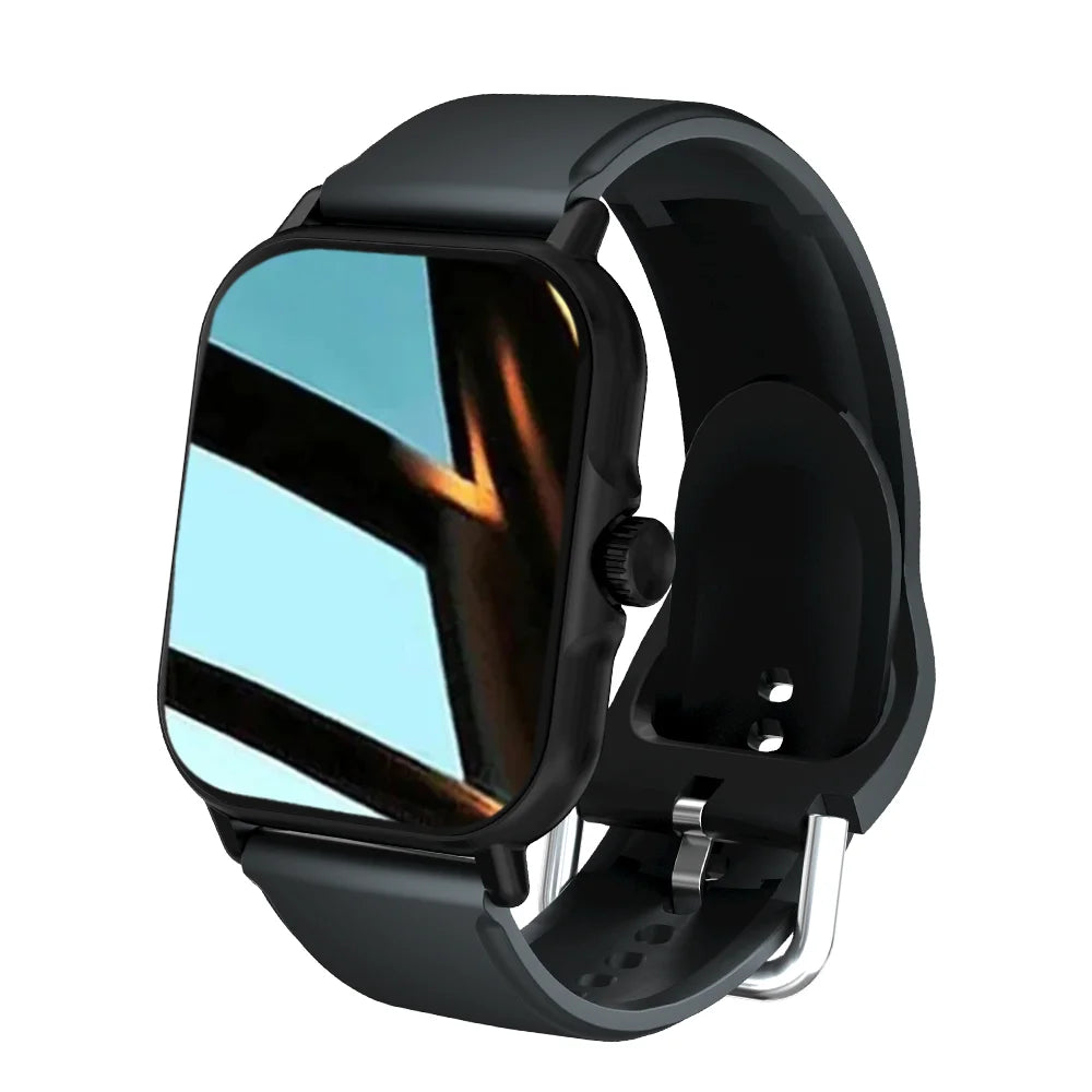 A black smartwatch with a rectangular, reflective, light blue screen and a black silicone strap with a silver buckle.