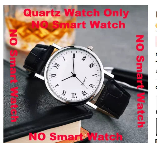 A silver-cased quartz watch with a white face, black Roman numerals, and a black leather strap.