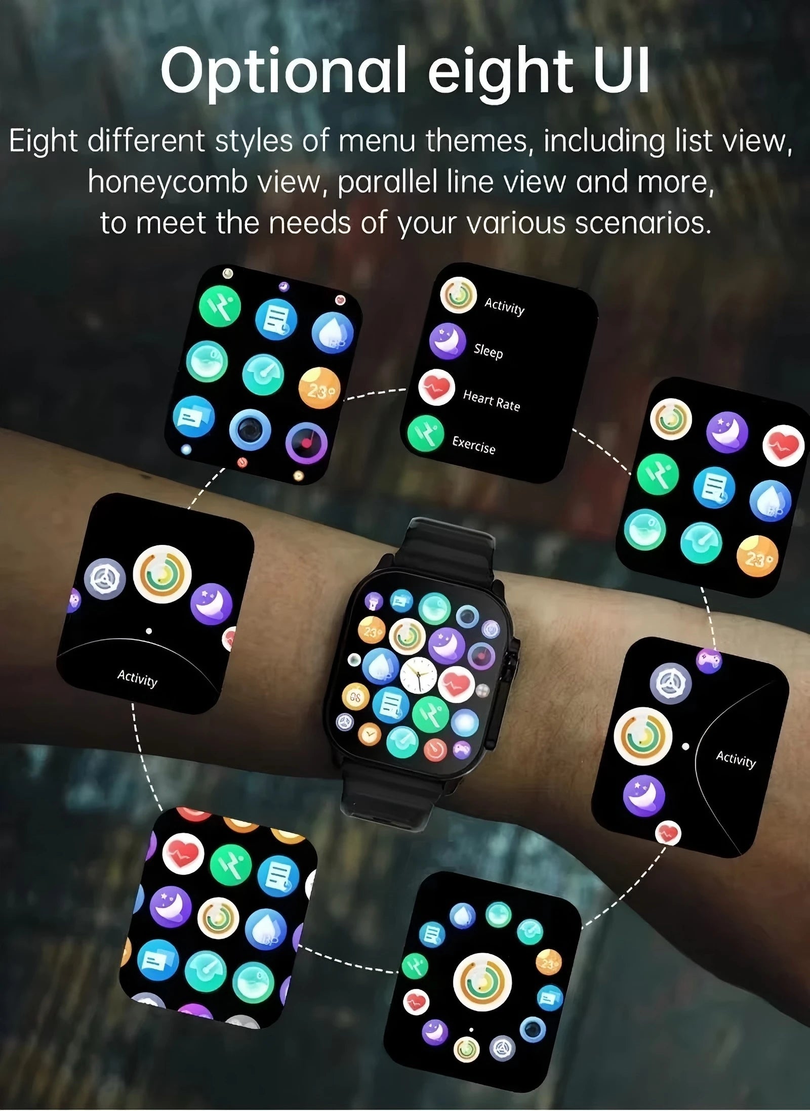 Black smartwatch with customizable user interfaces.
