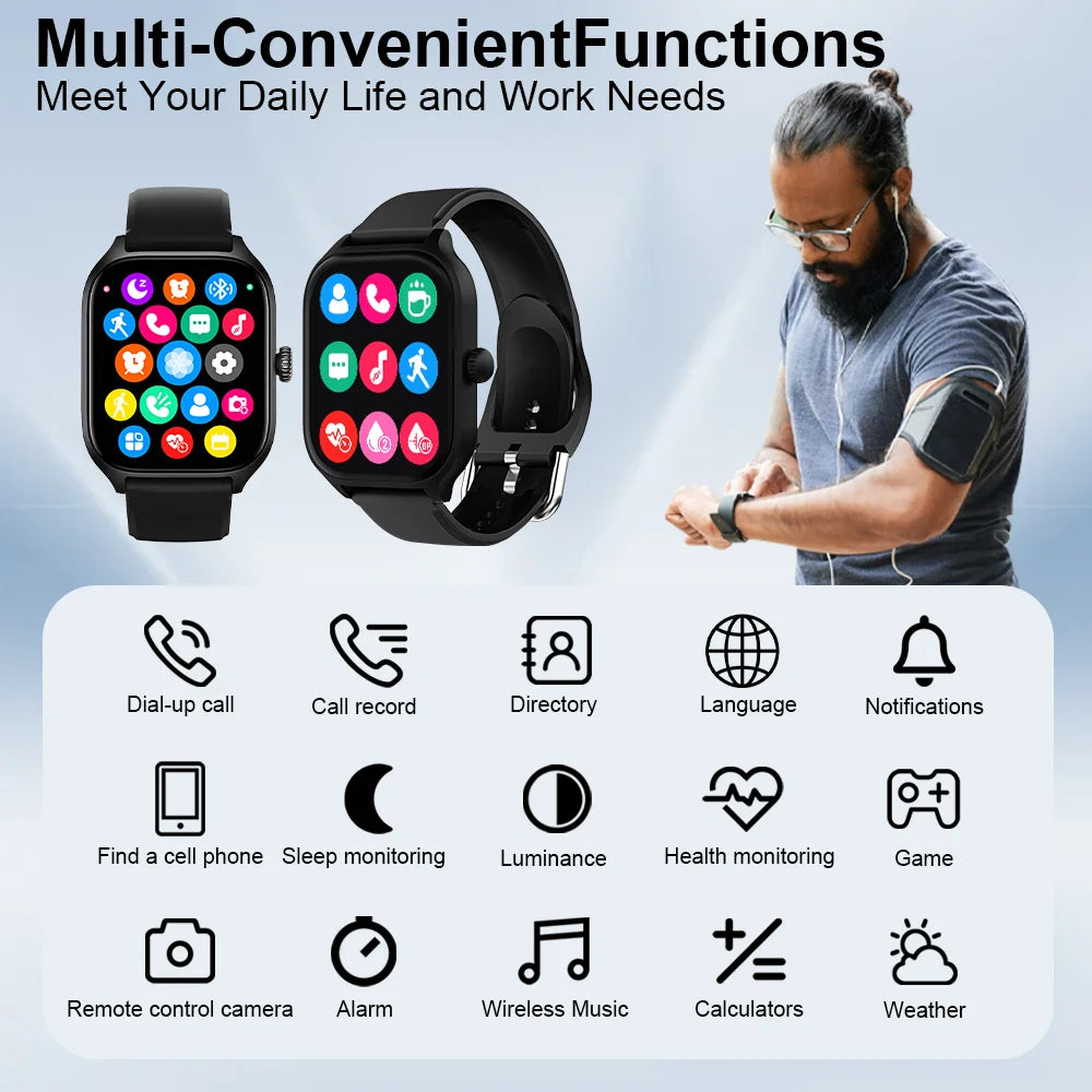 A black smartwatch with various features for daily life and work needs.