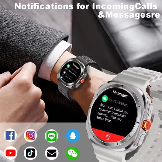 Two smartwatches, one on a wrist and one prominently displayed, showing message notifications and compatible app icons.