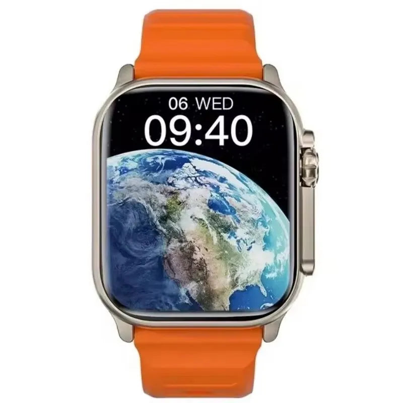 Orange-banded smartwatch with an Earth-themed display.