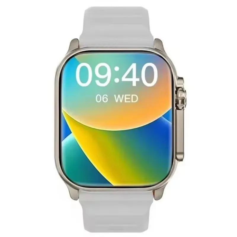 Silver-cased smartwatch with a white silicone band and a colorful digital display showing the time and date.