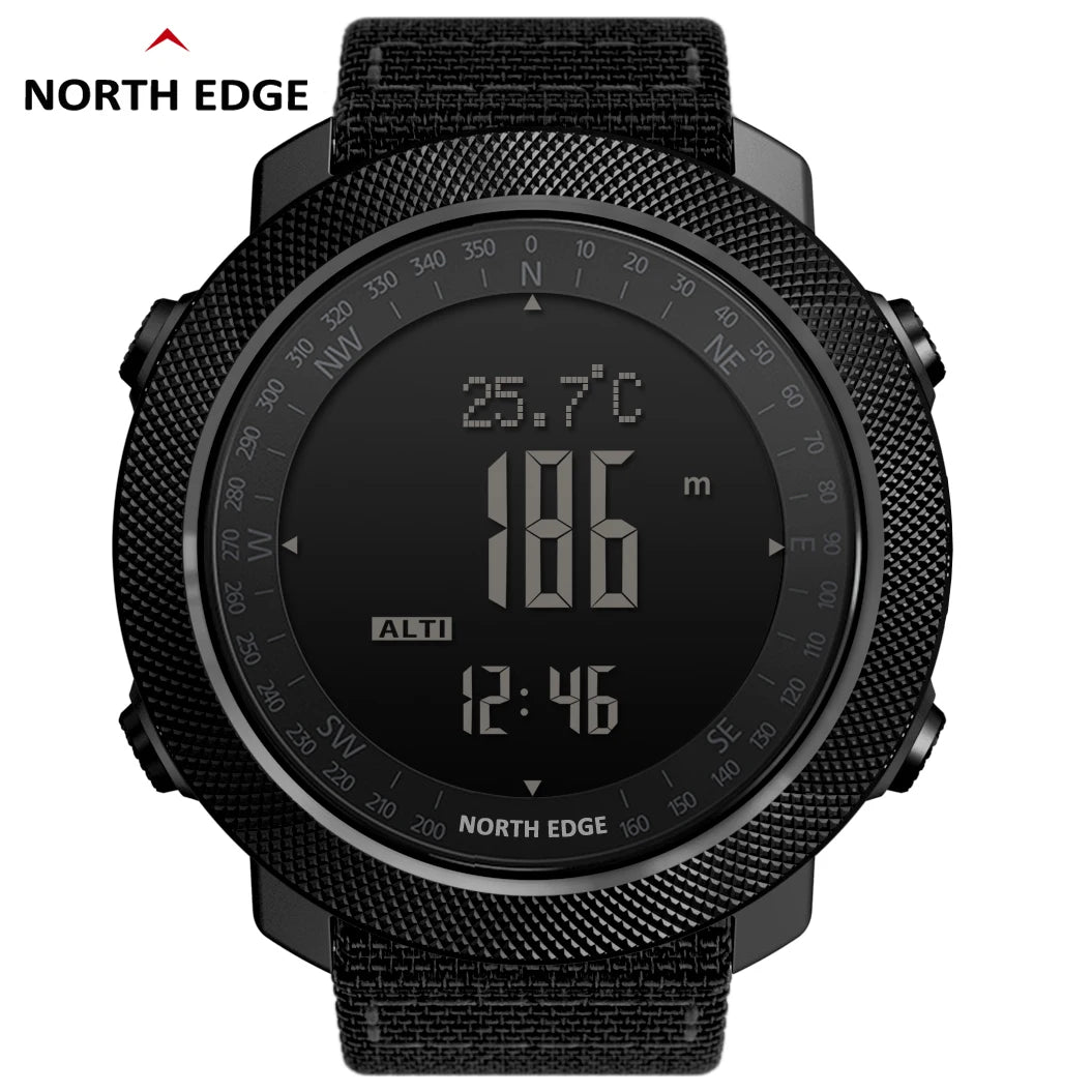 Black digital outdoor sports watch with compass, altimeter, temperature, and time display.