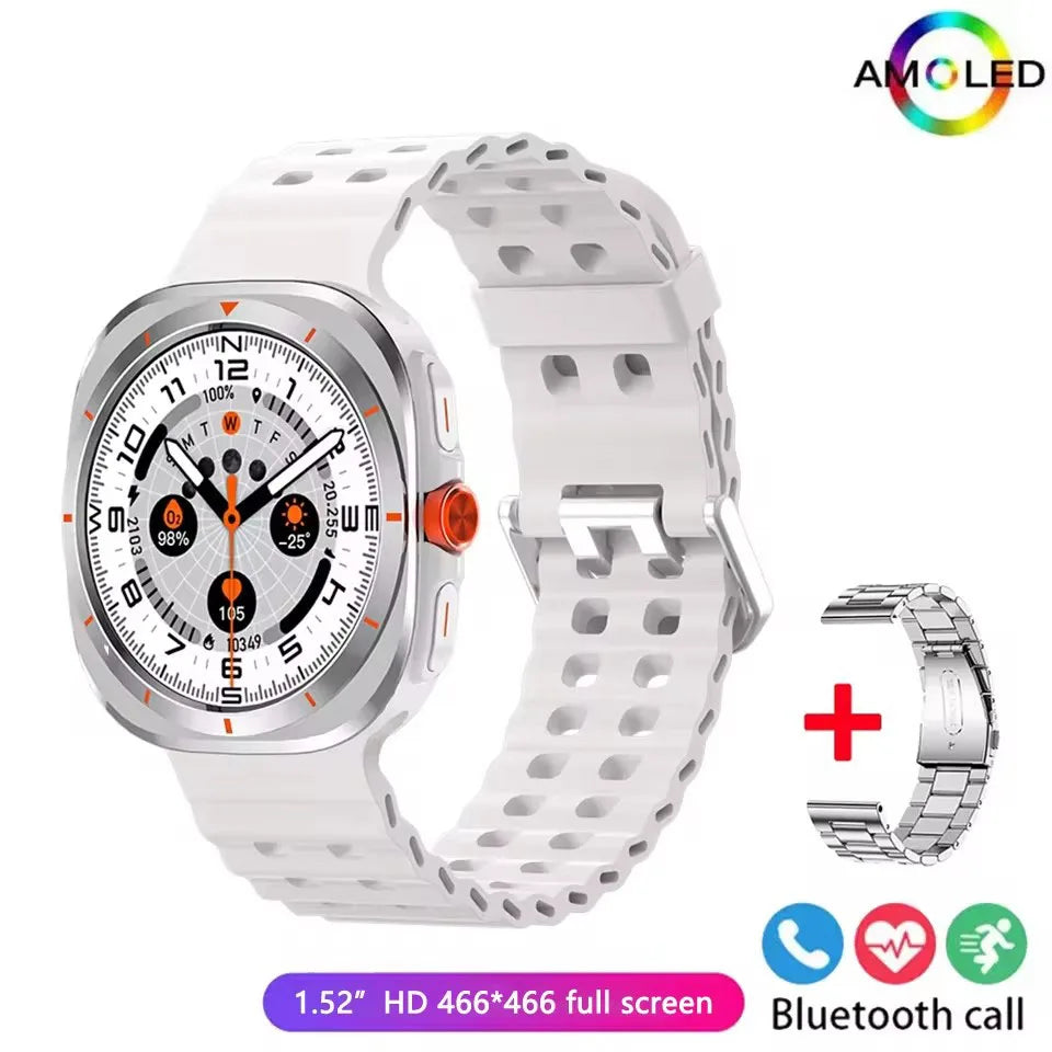 White smartwatch with a silver casing, a silicone strap, and an additional metal strap.