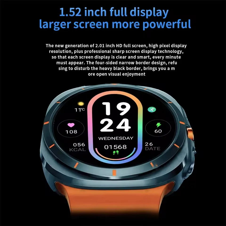 A smartwatch with an orange band and a vibrant, detailed display showing time, date, weather, heart rate, calories, and steps.