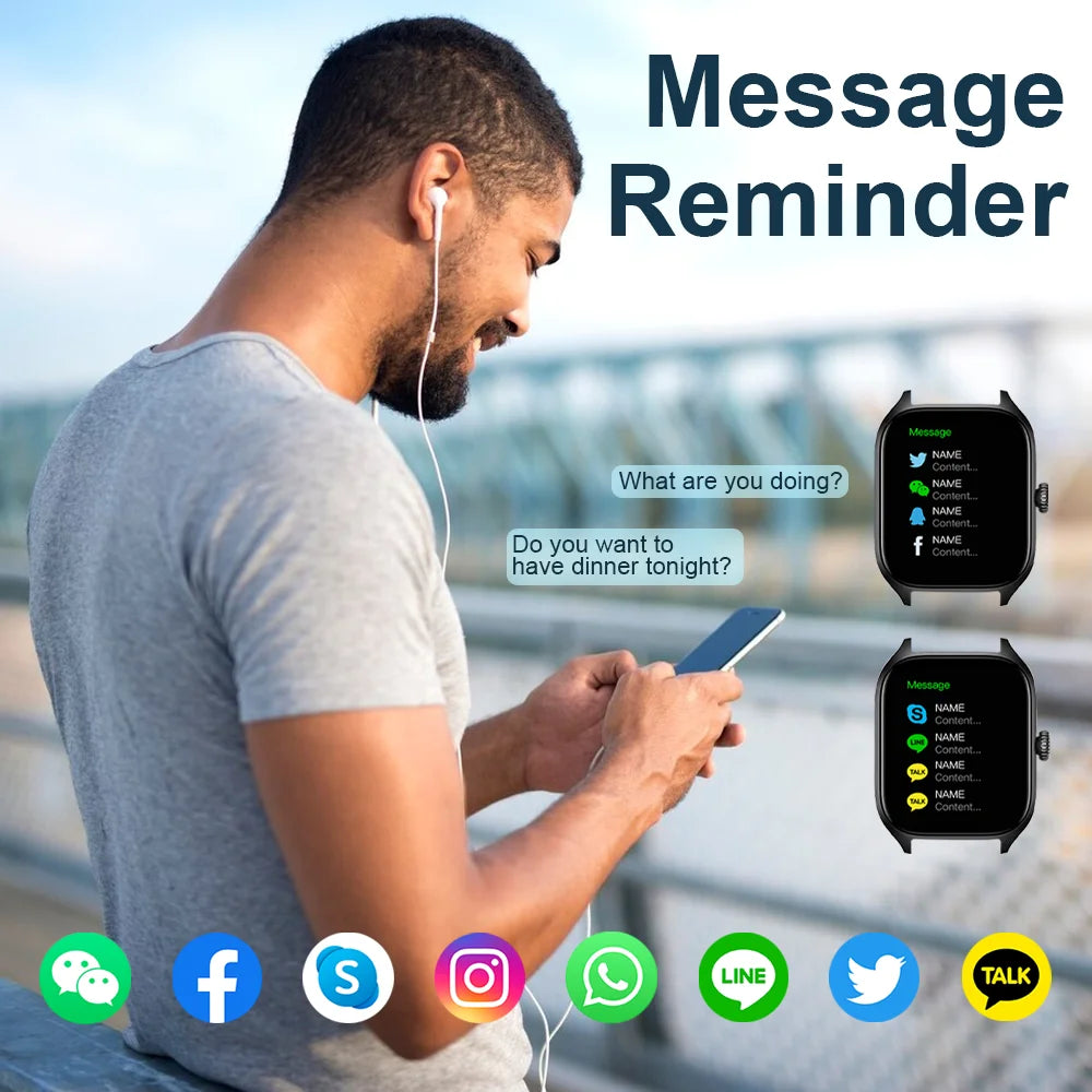 A man using a smartphone with a smartwatch displaying message notifications.