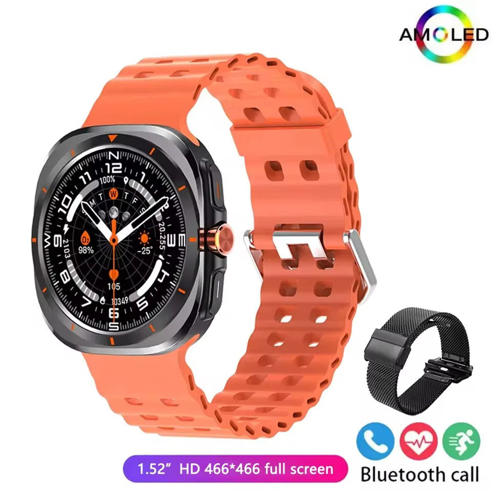 Orange smart watch with a black metal mesh strap.