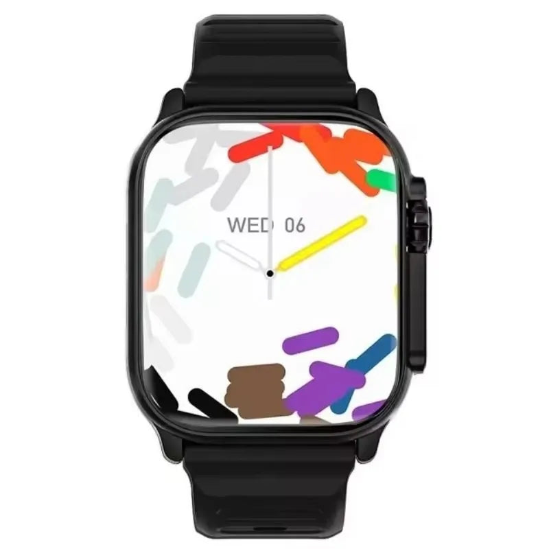 Black smartwatch with a colorful, abstract watch face.