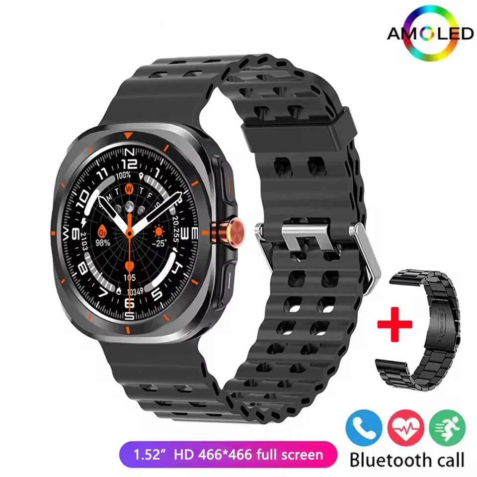 Black smartwatch with a ribbed silicone band, a metallic accent on the crown, and an additional metal link band.