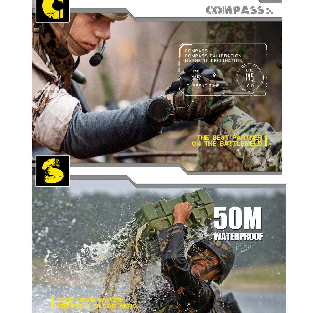 Rugged, waterproof outdoor watch with compass functionality.