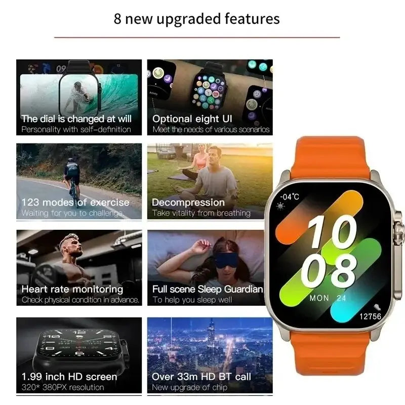 A smartwatch with an orange band, featuring multiple health and activity tracking capabilities, customizable watch faces, a large HD screen, and Bluetooth call functionality.