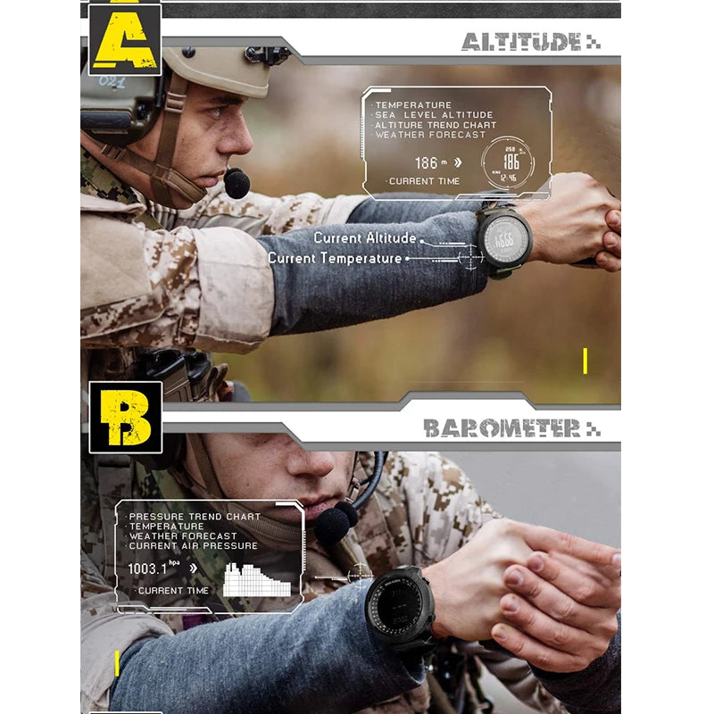 Tactical smartwatch displaying altitude and barometric pressure.